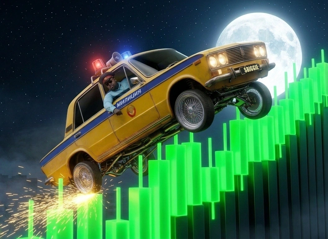 Comrade Biggie driving his yellow-and-blue Soviet Militia VAZ-2106 lowrider on 100-spoke chrome Dayton wire wheels upward along giant glowing neon-green candlesticks toward the full Moon