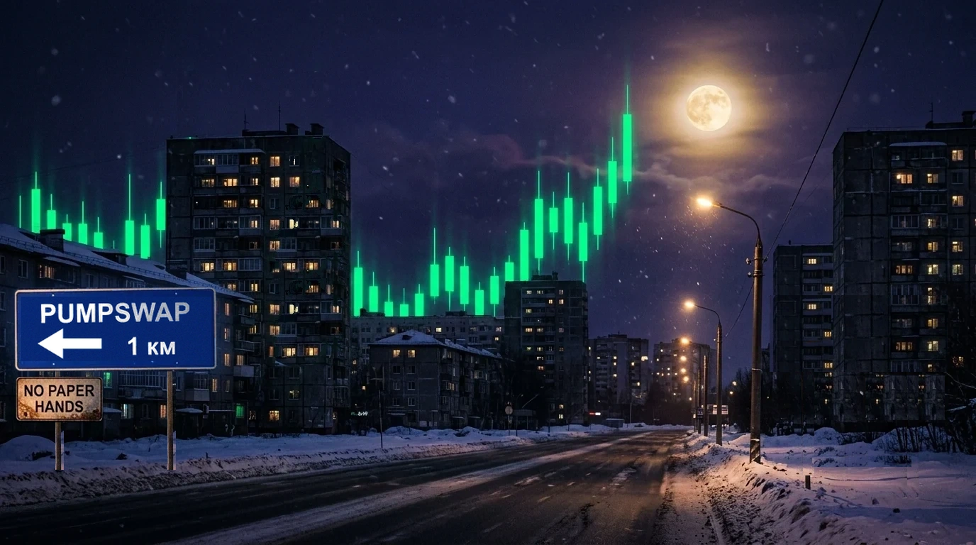 Snowy Soviet panelki apartment blocks at night with glowing green crypto candlestick charts behind the skyline, golden moon, and PUMPSWAP 1 KM road sign