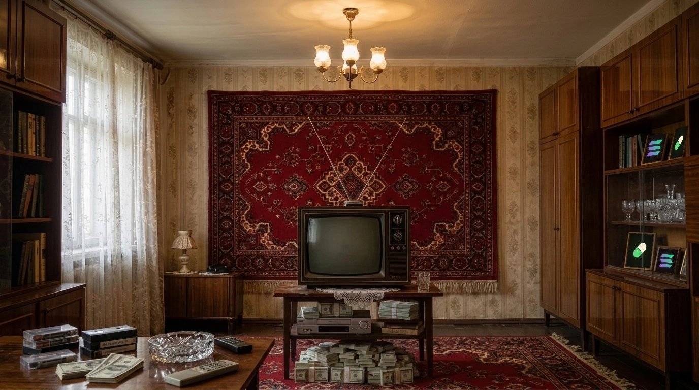 Post-Soviet Khrushchevka living room with crimson wall rug, vintage tube TV and brass chandelier