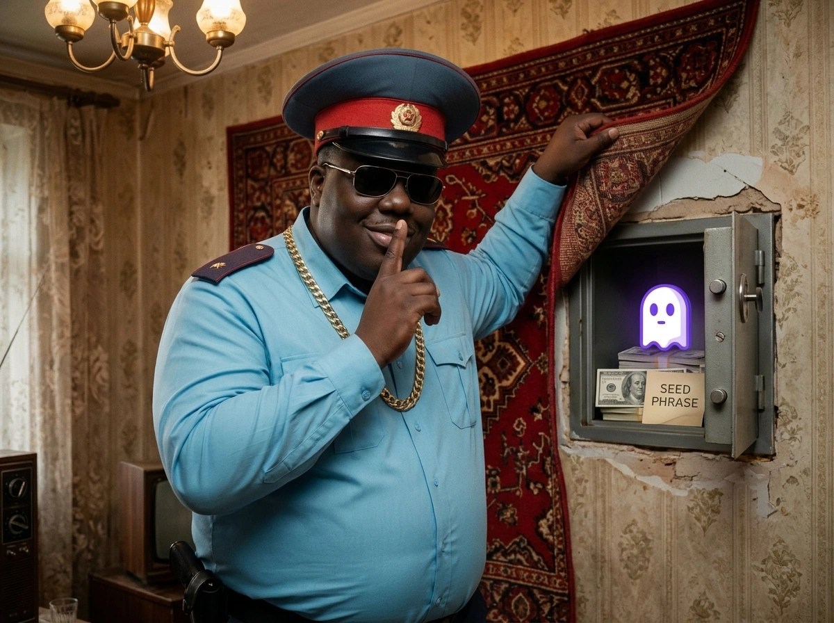 Comrade Biggie peeling back Babushka's crimson wall rug to reveal a secret safe with Phantom ghost, stacks of $100 bills, and SEED PHRASE note