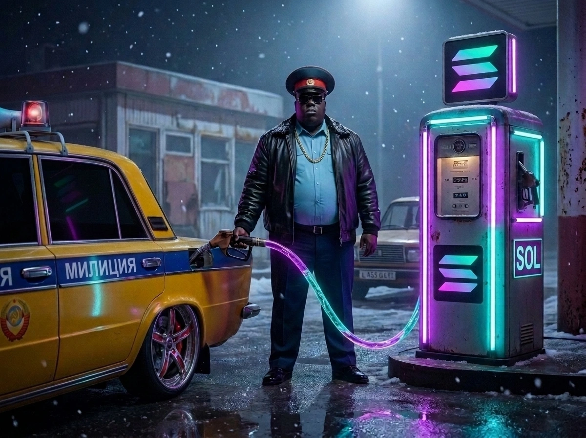 Lieutenant Biggie at a snowy night gas station pumping glowing neon Solana (SOL) fuel into his slammed Militia Zhiguli on 22-inch chrome-and-red rims
