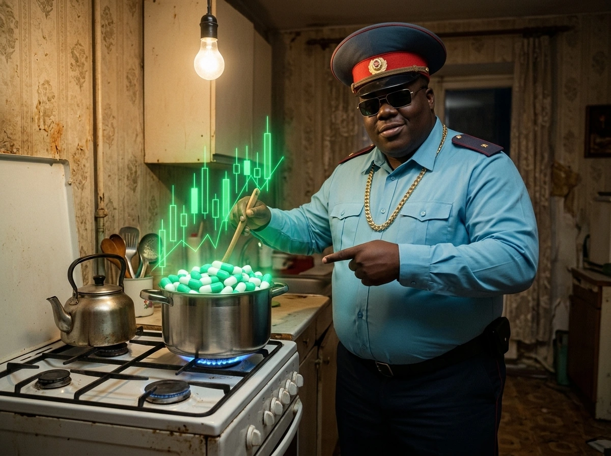 Lieutenant Biggie in the Soviet kitchen cooking a pot of glowing white-and-green pump.fun pill capsules and rising green candlestick bars