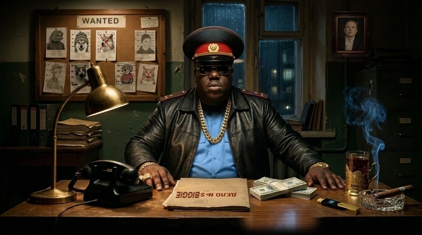 Comrade Biggie in black leather Militia officer jacket over sky-blue uniform shirt and heavy 24K gold Cuban link chain sitting behind a precinct detective desk with a ДЕЛО № $BIGGIE folder, stacks of $100 bills, Soviet tea glass in golden podstakannik, smoking Cuban cigar, Crypto Most Wanted board, and framed Elon Musk portrait on the wall
